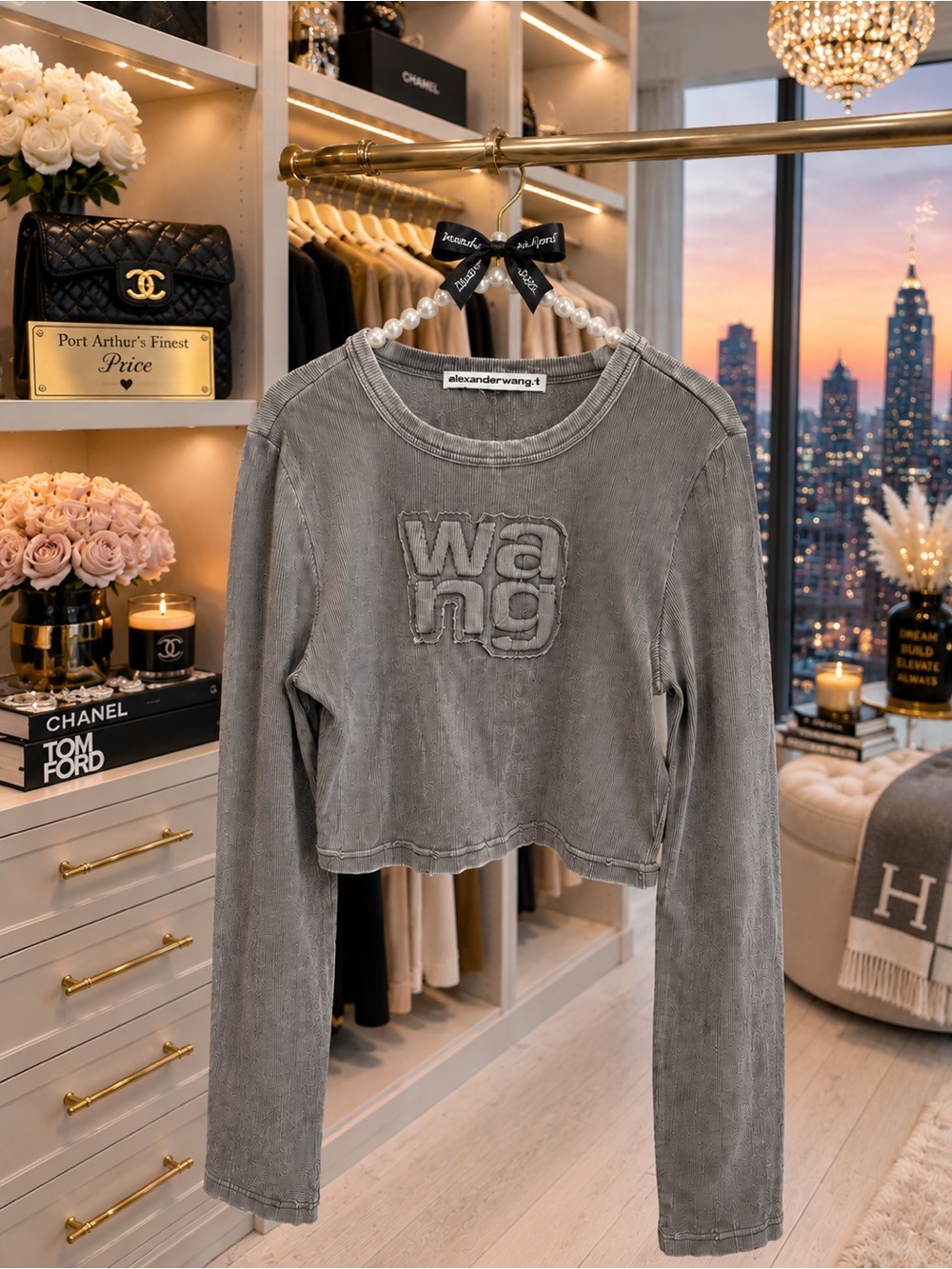 Alexander Wang Washed Gray Cropped Long-Sleeve Logo Sweatshirt
